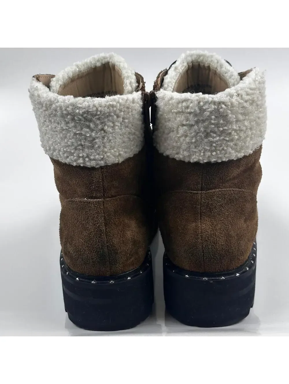 Steve Madden Receptive Hiking Boots Womens 10 BrownSuede Faux Fur Lug Sole Studs